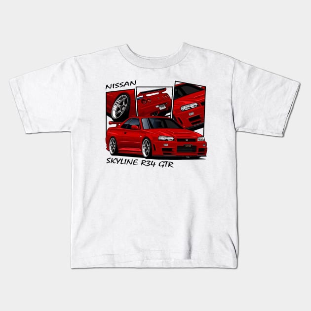 Nissan Skyline GTR R34, JDM Car Kids T-Shirt by T-JD